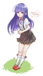  1girl absurdres bangs black_skirt blunt_bangs bow bowtie closed_mouth dress_shirt eyebrows_visible_through_hair floating_hair full_body furude_rika highres higurashi_no_naku_koro_ni kneehighs loafers long_hair miniskirt momoyama_hinase own_hands_together pleated_skirt purple_eyes purple_hair red_bow red_bowtie red_footwear shiny shiny_hair shirt shoes short_sleeves skirt smile solo speech_bubble standing straight_hair suspender_skirt suspenders very_long_hair white_legwear white_shirt 