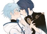  2boys asymmetrical_bangs bangs blue_hair blush chongyun_(genshin_impact) commentary_request frilled_shirt_collar frilled_sleeves frills from_side genshin_impact grabbing_another&#039;s_chin hand_on_another&#039;s_chin highres holding_hands imminent_kiss interlocked_fingers light_blue_eyes light_blue_hair long_sleeves looking_at_another multiple_boys open_mouth short_hair simple_background sweatdrop white_background xingqiu_(genshin_impact) yaoi yellow_eyes yoko_(nz_g) 