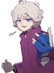  1boy ahoge bangs bede_(pokemon) coat commentary_request curly_hair dynamax_band eyelashes gloves great_ball grey_hair highres holding holding_poke_ball i_g1ax looking_at_viewer male_focus open_mouth partially_fingerless_gloves poke_ball pokemon pokemon_(game) pokemon_swsh purple_coat purple_eyes short_hair single_glove smile solo twitter_username watch wristwatch 