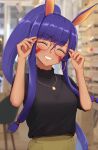  1girl absurdres bespectacled black_shirt blush closed_eyes dark-skinned_female dark_skin earrings facial_mark fate/grand_order fate_(series) glasses highres hoop_earrings jewelry long_hair nitocris_(fate) particle_sfs pendant ponytail purple_hair shirt smile 