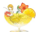  1girl brown_hair cherry cocktail cocktail_flower cocktail_glass cup dress drinking_glass flower flower_on_liquid food fruit grey_eyes hair_flower hair_ornament hanasato_minori highres holding holding_food holding_fruit lemon lemon_slice medium_hair more_more_jump!_(project_sekai) nobita_ramen parted_lips partially_submerged project_sekai ribbon solo 