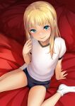  1girl arm_behind_back arm_support bangs bare_legs bed_sheet blonde_hair blue_buruma blue_eyes buruma commentary_request eyebrows_visible_through_hair from_above gym_uniform hand_to_own_mouth hand_up highres knees_out_of_frame leaning_back legs_apart long_hair looking_at_viewer looking_up original shiny shiny_skin shirt short_sleeves sitting smile socks sody solo sweat thighs wariza white_footwear white_legwear white_shirt 