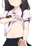  black_hair breasts clothes_lift fate/kaleid_liner_prisma_illya fate_(series) head_out_of_frame highres long_hair miyu_edelfelt morisobo nipples no_bra one_breast_out school_uniform shirt_lift simple_background small_breasts white_background 