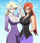 2girls absurdres blonde_hair blue_eyes blue_skirt braid breasts cleavage cleavage_cutout clothing_cutout collar collarbone dress formal glacia_(pokemon) glasses gloves highres lorelei_(pokemon) multiple_girls pokemon pokemon_(game) pokemon_frlg pokemon_oras pokemon_rgby ponytail puffy_sleeves purple_dress red_eyes red_hair short_hair skirt sleeveless sleeveless_jacket sleeves_past_elbows snow suit 