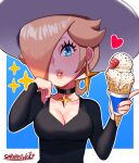  1girl absurdres black_shirt blonde_hair blue_eyes breasts casual cleavage earrings eyelashes food fruit hair_over_one_eye hat heart highres ice_cream ice_cream_cone jewelry mario_(series) necklace plunging_neckline rosalina sarukaiwolf shirt smile solo star_(symbol) star_earrings star_necklace strawberry sun_hat super_mario_galaxy upper_body 