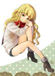  1girl absurdres bangs bare_legs blonde_hair boots character_request closed_mouth eyebrows_visible_through_hair from_side full_body green_eyes hands_on_own_knees high_heel_boots high_heels highres long_hair long_sleeves looking_at_viewer momoyama_hinase red_scarf ribbed_sweater scarf school_girl_strikers shiny shiny_hair sitting sketch smile solo sweater very_long_hair watch white_background white_sweater wristwatch 