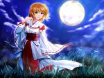  1girl :d alpha_(yukai_na_nakamatachi) bangs blonde_hair blue_ribbon blue_sky breasts eyebrows_visible_through_hair full_moon game_cg green_eyes hair_between_eyes hakama japanese_clothes kimono kokonoe_masaki long_sleeves medium_breasts miko moon night outdoors red_hakama red_ribbon ribbon ribbon-trimmed_sleeves ribbon_trim shiny shiny_hair short_hair sky smile solo standing tamayura_(akabei_soft) white_kimono wide_sleeves 