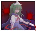  1girl blood blood_on_knife blouse blue_cape blue_sailor_collar blue_skirt breasts cape capelet commentary ellipsis_(mitei) green_eyes green_hair holding holding_knife knife medium_hair midriff_peek mima_(touhou) neckerchief puffy_short_sleeves puffy_sleeves red_neckerchief sailor_collar sailor_shirt school_uniform serafuku shirt short_sleeves skirt small_breasts tiara torn_cape torn_clothes touhou touhou_(pc-98) white_blouse white_headwear 