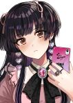  1girl absurdres bangs black_hair blunt_bangs blush cellphone earrings expressionless eyebrows_visible_through_hair gem glint hair_ribbon head_tilt heart heart_earrings highres holding holding_phone idolmaster idolmaster_shiny_colors jewelry looking_at_viewer machi_(xvhm7833) mayuzumi_fuyuko nail_polish neck_ribbon phone ribbon ring simple_background solo two_side_up upper_body white_background 
