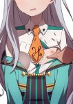  1girl breast_grab disembodied_limb grabbing head_out_of_frame highres kujou_saaya long_hair morisobo necktie nipples no_bra one_breast_out open_mouth raramagi silver_hair simple_background white_background 