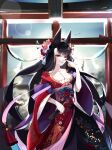  1girl absurdres akagi_(azur_lane) alternate_costume animal_ears azur_lane black_hair blue_flower breasts cleavage cookieblade floral_print flower folding_fan furisode hair_flower hair_ornament hand_fan highres holding holding_fan japanese_clothes kimono kitsune long_hair looking_at_viewer pink_flower red_eyes red_flower red_kimono solo spider_lily standing torii very_long_hair white_flower wide_sleeves 