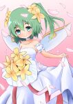  1girl bangs bouquet closed_mouth daiyousei detached_sleeves dress eyebrows_visible_through_hair fairy_wings flower gradient gradient_background green_eyes green_hair highres maruronis medium_hair petals pink_background side_ponytail smile solo touhou wedding wedding_dress white_dress wings yellow_flower 
