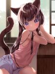  1girl animal_ear_fluff animal_ears arm_rest blue_shorts brown_hair cat_ears cat_girl cat_tail hand_on_own_cheek hand_on_own_face highres indoors long_hair looking_at_viewer mutou_mato original pink_eyes pink_tank_top shorts sitting smile solo table tail tank_top very_long_hair window 