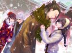  2boys 2girls amanai_riko black_hair blue_eyes getou_suguru glasses gojou_satoru highres iori_utahime japanese_clothes jujutsu_kaisen long_hair looking_at_another maplum multiple_boys multiple_girls new_year scarf shrine white_hair winter 