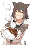  1girl absurdres animal_ear_fluff animal_ears black_shirt brown_hair cat_ears cat_tail closed_eyes curry curry_rice eyebrows_visible_through_hair fish_hair_ornament food fumino_tamaki hair_ornament highres hood hoodie natureman007 nijisanji plate rice shirt short_hair simple_background smile solo striped striped_hoodie tail virtual_youtuber white_background 