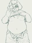  2022 5gomashio anthro belly bottomwear canid canine canis cellphone clothing domestic_dog eyewear glasses hi_res kemono male mammal moobs navel nipples overweight overweight_male pants phone simple_background smartphone solo underwear 