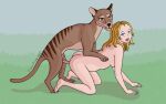  all_fours bestiality blonde_hair blue_eyes breasts brown_body brown_eyes brown_fur dasyuromorph female feral fur genitals hair hi_res human human_penetrated insaneproxy_(artist) male male/female mammal marsupial open_mouth penetration penis simple_background stripes thylacine thylacine_penis 