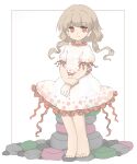  1girl bangs bare_legs barefoot blouse closed_mouth ebisu_eika ellipsis_(mitei) frilled_skirt frilled_sleeves frills happy highres light_brown_hair medium_hair puffy_short_sleeves puffy_sleeves red_eyes rock short_sleeves sitting skirt smile tiptoes toes touhou white_blouse white_skirt 