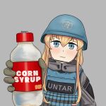  1girl blonde_hair blue_eyes blue_headwear bottle brown_gloves closed_mouth commentary english_commentary english_text escape_from_tarkov giving gloves gobyl grey_background grey_jacket helmet highres holding incoming_drink jacket load_bearing_vest long_sleeves looking_at_viewer military military_uniform pov sidelocks simple_background smile solo sugar_(food) syrup twitter_username uniform united_nations upper_body 