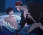 2boys abs black_hair black_nails blue_eyes chest_tattoo clothes_down collarbone extra_eyes facial_tattoo fingernails fushiguro_megumi hair_between_eyes hand_on_another&#039;s_leg highres japanese_clothes jujutsu_kaisen kimono long_fingernails looking_at_another makababazi male_focus multiple_boys muscular muscular_male nipples pectorals pink_hair red_eyes ryoumen_sukuna_(jujutsu_kaisen) short_hair sideburns smile spiked_hair tattoo toned toned_male undercut yaoi 