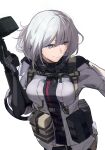  1girl absurdres bangs black_bodysuit bodysuit breasts closed_mouth eyebrows_visible_through_hair girls&#039;_frontline gun hair_ornament hairclip highres holding holding_gun holding_weapon la13 large_breasts light_machine_gun lips purple_eyes revision rpk-16 rpk-16_(girls&#039;_frontline) short_hair short_sleeves silver_hair simple_background smile solo tactical_clothes upper_body weapon white_background 