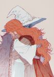  2girls agong blue_skin cape chinese_commentary closed_eyes closed_mouth colored_skin commentary_request dress elden_ring extra_arms from_side fur_trim hat hug long_hair long_sleeves malenia_blade_of_miquella multiple_girls orange_hair profile ranni_the_witch red_cape wavy_hair white_dress white_headwear witch_hat yuri 