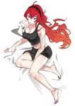  1girl ahoge arm_support bare_legs barefoot bed_sheet black_headband black_shorts black_tank_top breasts eris_greyrat eyebrows_visible_through_hair from_above headband highres large_breasts long_hair looking_to_the_side mushoku_tensei navel older red_eyes red_hair shorts single_bare_shoulder solo strap_slip tank_top tidastdayo very_long_hair white_background 