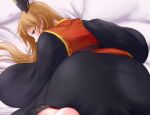  1girl ass ass_focus bed black_dress blonde_hair blush chinese_clothes crescent dress junko_(touhou) long_hair looking_at_viewer looking_back on_bed orange_hair phoenix_crown red_eyes riria_(liry_a_flower) solo tabard touhou wide_sleeves 