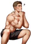  1boy abs artist_name bara biceps blush brown_hair buzz_cut confused ear_piercing earrings green_eyes greenteaa hamster highres jewelry long_sideburns male_focus manly muscular muscular_male navel original pectorals piercing short_hair shorts sideburns solo squatting sweat sweatdrop thick_arms topless topless_male very_short_hair 