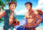  2boys abs artist_name beach biceps black_eyes blue_hair brown_eyes brown_hair cloud day fish glasses hand_on_hip hat highres jewelry long_sideburns looking_at_viewer male_focus mondoart1 multiple_boys muscular muscular_male navel necklace nipples ocean one_eye_closed open_clothes open_mouth open_shirt original palm_tree pectorals scar scar_on_face shirt short_hair shorts sideburns sky smile spiked_hair surfboard teenage thick_eyebrows topless topless_male tree younger 