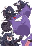  1girl @_@ arm_up black_eyes black_hair blush closed_eyes colored_sclera creature dancing dress eyebrows_visible_through_hair frills gengar grey_background hair_between_eyes hairband hex_maniac_(pokemon) laughing long_hair multiple_views okbnkn one_eye_closed open_mouth outline pokemon pokemon_(creature) pokemon_(game) purple_hairband red_sclera simple_background teeth tongue tongue_out white_outline 