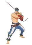  1boy abs bandages bara beard belt biceps black_eyes black_hair chain cuffs facial_hair fighting_stance gauntlets headband koji_(wildlhz) male_focus male_underwear manly muscular muscular_male navel nipples original pants pectorals solo spiked_hair sword topless topless_male underwear weapon 