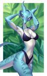  absurd_res anthro bikini black_bikini black_clothing black_swimwear blue_body blue_scales border breasts clothing dragon eyelashes female hi_res holivi horn looking_away navel portrait pose purple_eyes scales solo stripes swimwear three-quarter_portrait white_body white_border white_scales wingless_dragon 