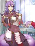  1girl bodystocking boobplate breasts clipboard closed_mouth hair_between_eyes hand_on_own_chest hat holding holding_clipboard impossible_clothes indoors infirmary lamia light_smile long_hair monster_girl monster_musume_no_oisha-san purple_hair redjet saphentite_neikes scales skin_tight skirt solo tail tail_ornament white_headwear 