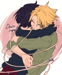  1boy 1girl black_hair blonde_hair boku_no_hero_academia closed_eyes couple dating gyouzayabai hands_on_another&#039;s_neck hetero highres hug jirou_kyouka kaminari_denki nail_polish simple_background white_background 