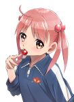  1girl absurdres blue_shirt brown_eyes eating hair_bobbles hair_ornament hasegawa_(hase_popopo) highres isshiki_momo looking_at_viewer pink_hair shirt short_hair solo tomato twintails upper_body vividred_operation zipper zipper_pull_tab 