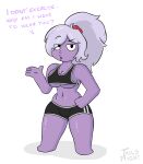  alien alien_humanoid amethyst_(steven_universe) big_breasts bottomwear breasts bulge cartoon_network clothed clothing dialogue dialogue_box female gem_(species) gym gym_bottomwear gym_clothing gym_shorts hair hi_res humanoid looking_at_viewer mammal not_furry open_mouth shorts simple_background solo steven_universe tailsmight tight_clothing 