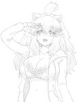  1girl animal_ears big_hair bikini bikini_top_only breasts cleavage esuyukichin greyscale huge_breasts jacket jacket_over_swimsuit kemono_friends kemono_friends_3 lineart lion_ears lion_girl lion_tail long_hair looking_at_viewer midriff monochrome navel open_mouth salute smile solo swimsuit tail white_lion_(kemono_friends) 