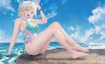  1girl arm_up bangs bare_legs bare_shoulders barefoot beach blue_sky blush breasts casual_one-piece_swimsuit cirilla_lin cleavage cloud day highres jewelry looking_at_viewer medium_breasts nacchan_(ohisashiburi) ocean one-piece_swimsuit open_mouth original outdoors red_eyes scenery short_hair silver_hair sitting sky smile solo swimsuit thighs water wet white_hair 