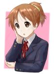  1girl bangs blazer blue_jacket blush brown_hair commentary_request hair_ribbon hand_on_own_cheek hand_on_own_face highres hirasawa_ui ishiyuki00 jacket k-on! open_mouth ponytail red_ribbon ribbon sakuragaoka_high_school_uniform school_uniform shiny shiny_hair shirt short_hair solo white_shirt yellow_ribbon 