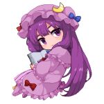  1girl book bow capelet chibi crescent dress frills hat kani_nyan long_hair looking_at_viewer lowres mob_cap patchouli_knowledge purple_eyes purple_hair solo touhou 