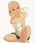  1girl barefoot black_shorts breasts collarbone commentary_request dark-skinned_female dark_skin foot_out_of_frame forehead gravity_daze grey_background holding_leg kitten_(gravity_daze) knee_up leaning_to_the_side long_hair official_alternate_costume official_art open_mouth red_eyes saitou_shunsuke shirt shorts sidelocks simple_background sitting small_breasts solo strap_slip tank_top teeth upper_teeth white_shirt 