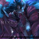  1girl ahri_(league_of_legends) animal_ears arm_behind_head artist_name black_hair breasts cleavage closed_mouth dress english_commentary facial_mark fantasy feet_out_of_frame fox_ears fox_girl gold_trim highres league_of_legends long_hair looking_at_viewer medium_breasts nixeu original realistic red_dress shadow single_thighhigh solo thighhighs thighs whisker_markings yellow_eyes 