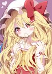  1girl alternate_hair_length alternate_hairstyle bangs blonde_hair blush bow crystal eyebrows_visible_through_hair flandre_scarlet frilled_shirt_collar frills g4ku gradient gradient_background hair_between_eyes hat hat_bow hat_ribbon head_tilt heart heart-shaped_pupils highres holding holding_hair long_hair looking_at_viewer mob_cap mouth_hold one_side_up puffy_short_sleeves puffy_sleeves red_bow red_eyes red_ribbon red_vest ribbon shirt short_sleeves solo symbol-shaped_pupils touhou upper_body very_long_hair vest white_headwear white_shirt wings wrist_cuffs 