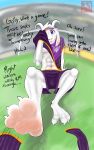  3_toes anthro asriel_dreemurr bodily_fluids claws clothing dialogue feet first_person_view foot_fetish gakuseigitsune hi_res looking_at_viewer male soccer_field soccer_uniform soles solo sportswear sweat talking_to_viewer toe_claws toes undertale undertale_(series) uniform video_games 