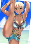  1girl :d armpits arms_up beach belt bikini black_eyes blonde_hair blue_shorts blue_sky bracelet breasts choker cleavage cloud collarbone cutoffs dark-skinned_female dark_skin day denim denim_shorts dutch_angle earrings flexible hair_between_eyes highres idolmaster idolmaster_cinderella_girls jewelry kneepits large_breasts layered_bikini leg_lift leg_up looking_at_viewer navel navel_piercing necklace ocean open_mouth outdoors piercing shiomi_syuko short_hair short_shorts shorts sky smile solo split standing standing_on_one_leg standing_split striped striped_bikini suna swimsuit tan water 