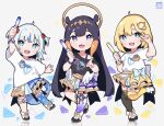  3girls :3 :d animal_ears asymmetrical_legwear bangs black_legwear blonde_hair bloop_(gawr_gura) blue_eyes blue_skirt boots bow bubba_(watson_amelia) character_badge commentary fang fish_tail gawr_gura glowstick gold_trim gradient gradient_legwear hair_bow hair_ornament halo hayate_fish highres holding_glowstick hololive hololive_english layered_skirt leg_garter leg_up long_hair low_wings mismatched_legwear mole mole_under_eye monocle_hair_ornament multicolored_clothes multicolored_skirt multiple_girls ninomae_ina&#039;nis open_mouth purple_hair red_bow shark_tail sharp_teeth shirt short_hair sidelocks single_thighhigh skirt smile standing standing_on_one_leg tail tako_(ninomae_ina&#039;nis) teeth tentacle_hair thighhighs two_side_up v_over_eye very_long_hair virtual_youtuber watson_amelia white_footwear white_hair white_shirt white_skirt white_wings wings yellow_legwear 