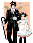  1boy 1girl alice_in_wonderland alternate_costume black_hair black_legwear cane dress e-0057 formal hat holding_another&#039;s_wrist hoozuki_(hoozuki_no_reitetsu) hoozuki_no_reitetsu horns oni_horns peach_maki short_hair suit surprised sweatdrop wings 