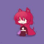  1girl 216 animal_ear_fluff animal_ears black_shirt blue_background boots cape cat_ears cat_tail chibi closed_mouth eyebrows_visible_through_hair full_body hair_between_eyes kemonomimi_mode knees_up long_sleeves looking_ahead red_cape red_eyes red_hair sekibanki shirt short_hair sitting solo tail touhou trembling wavy_mouth 
