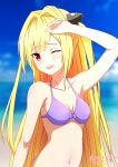  1girl bangs beach bikini blonde_hair blue_sky blurry blurry_background blush breasts cleavage commentary_request eyebrows_visible_through_hair hand_on_own_head highres konjiki_no_yami long_hair looking_at_viewer navel one_eye_closed open_mouth purple_bikini red_eyes sky small_breasts smile solo swimsuit to_love-ru two_side_up upper_body very_long_hair yuyayomi 